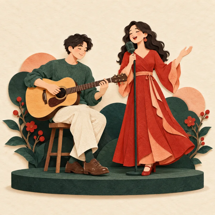 A guitarist plays beside a singer