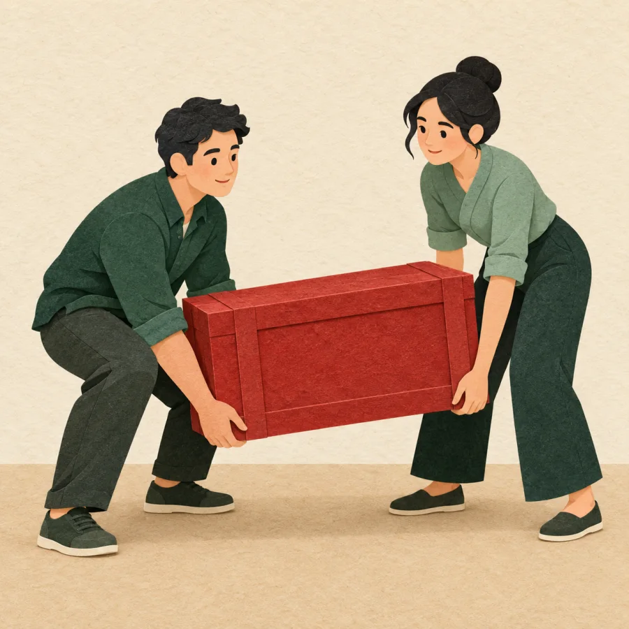 Two people carry a heavy crate together