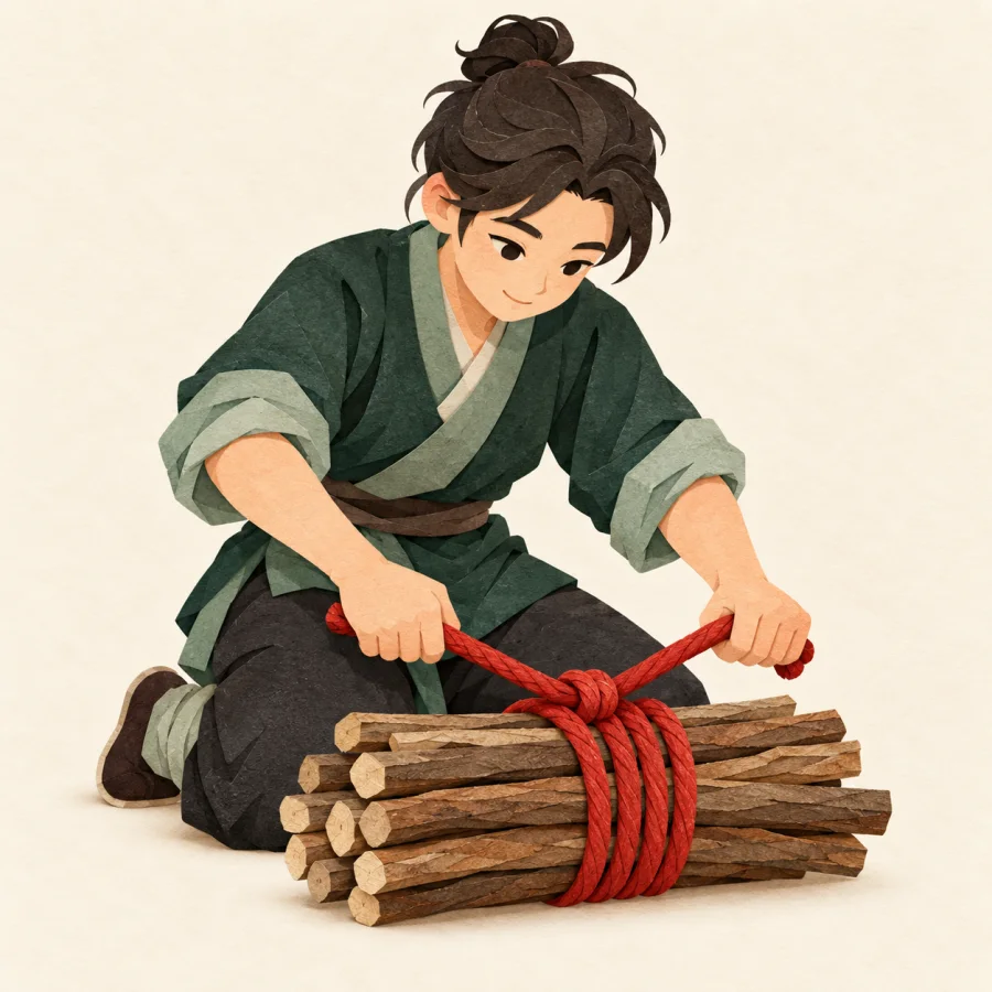 A person ties a bundle of sticks with red rope