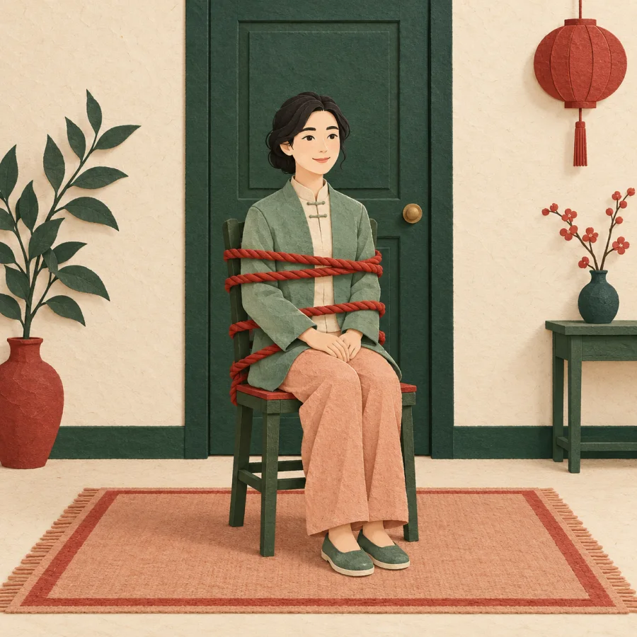 A person on a chair wrapped in red rope