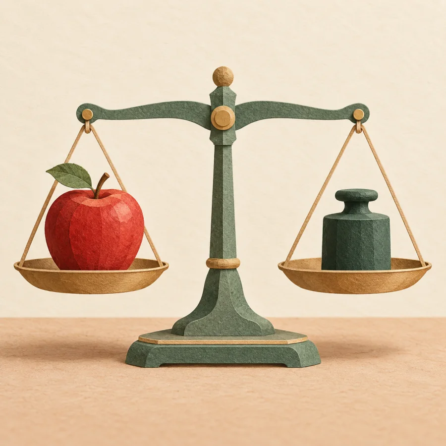 Small balance scale holding an apple and a weight