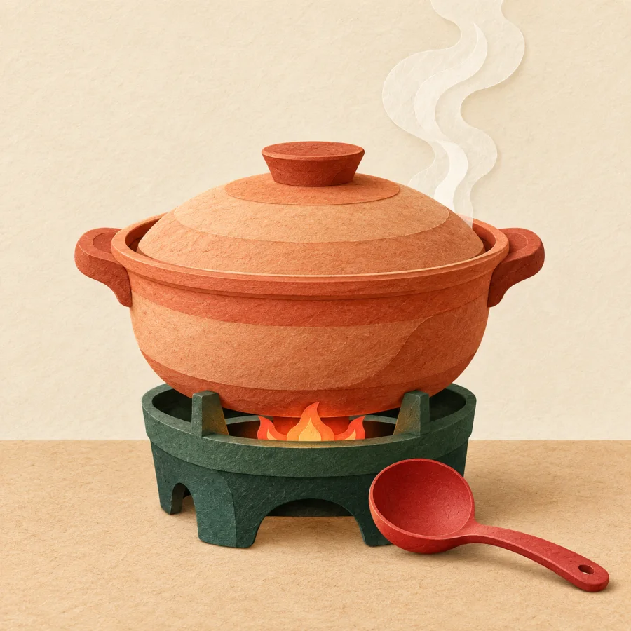 A clay pot steaming over a small flame