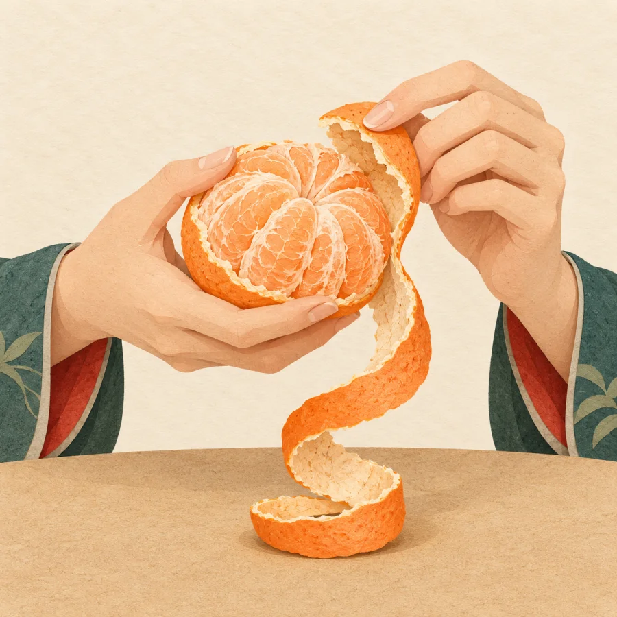 A person peels a mandarin, peel on the table