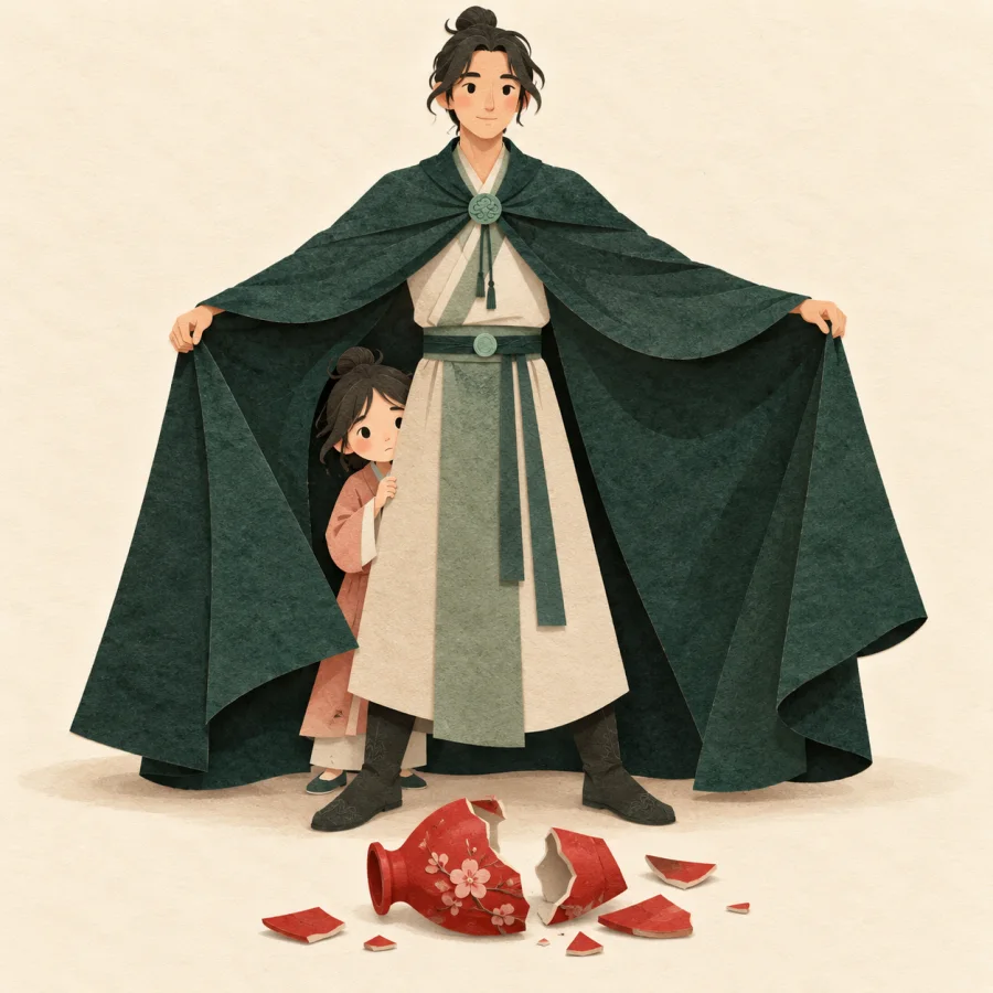 A tall person hides another behind a cloak