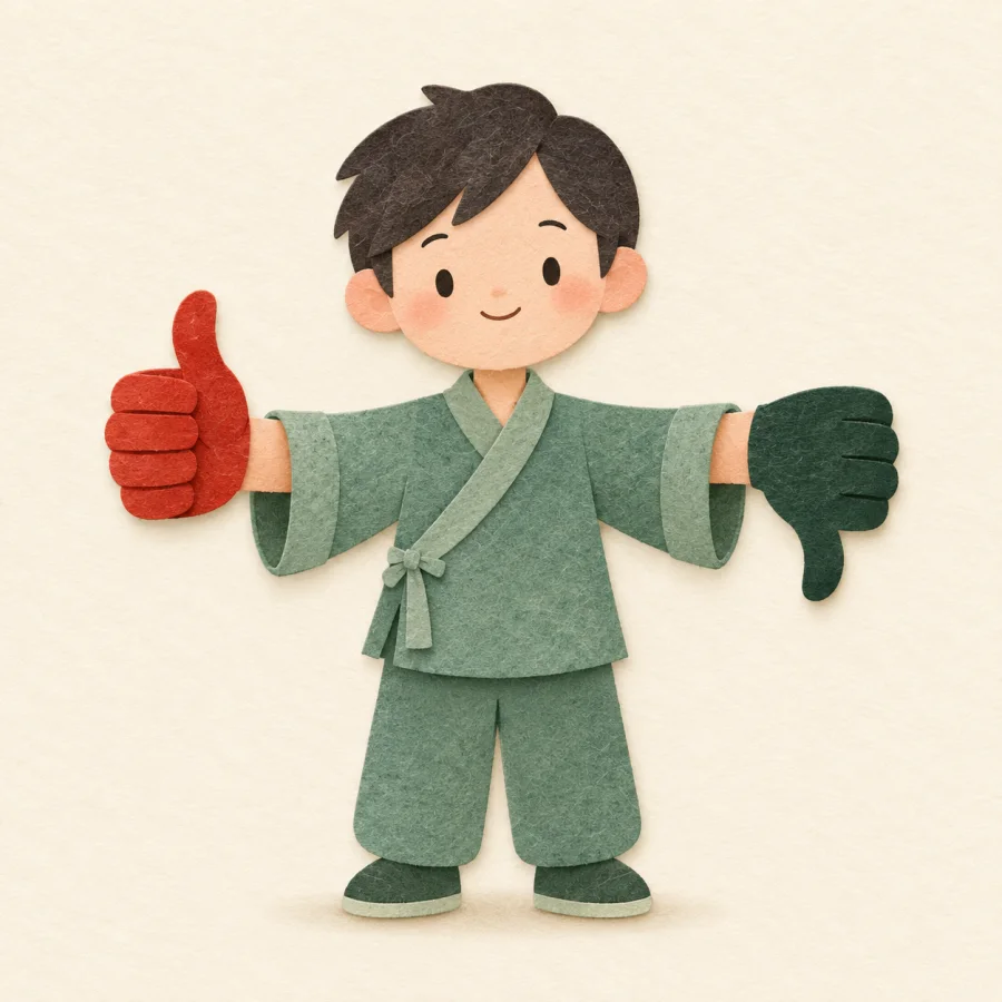 Two hands beside a figure, thumb up and thumb down
