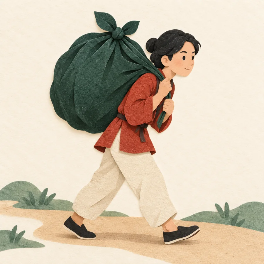 A traveller bent under a large bundle on the back