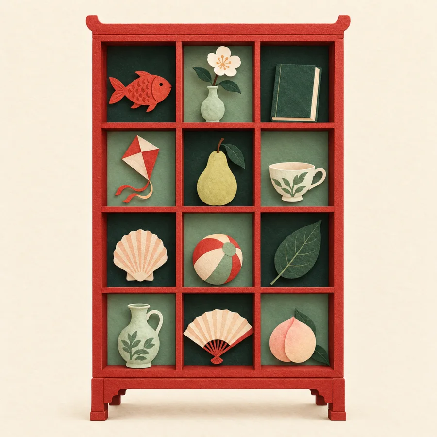 A tall cabinet with a different object in each compartment