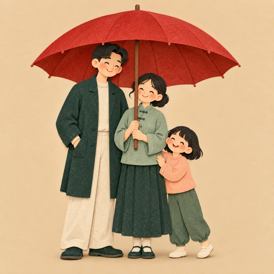 Three different people stand together under one umbrella