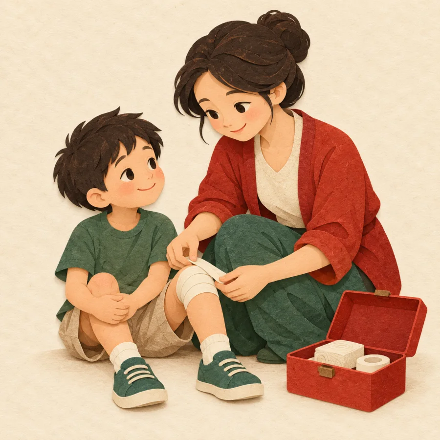 A person bandages a child's knee