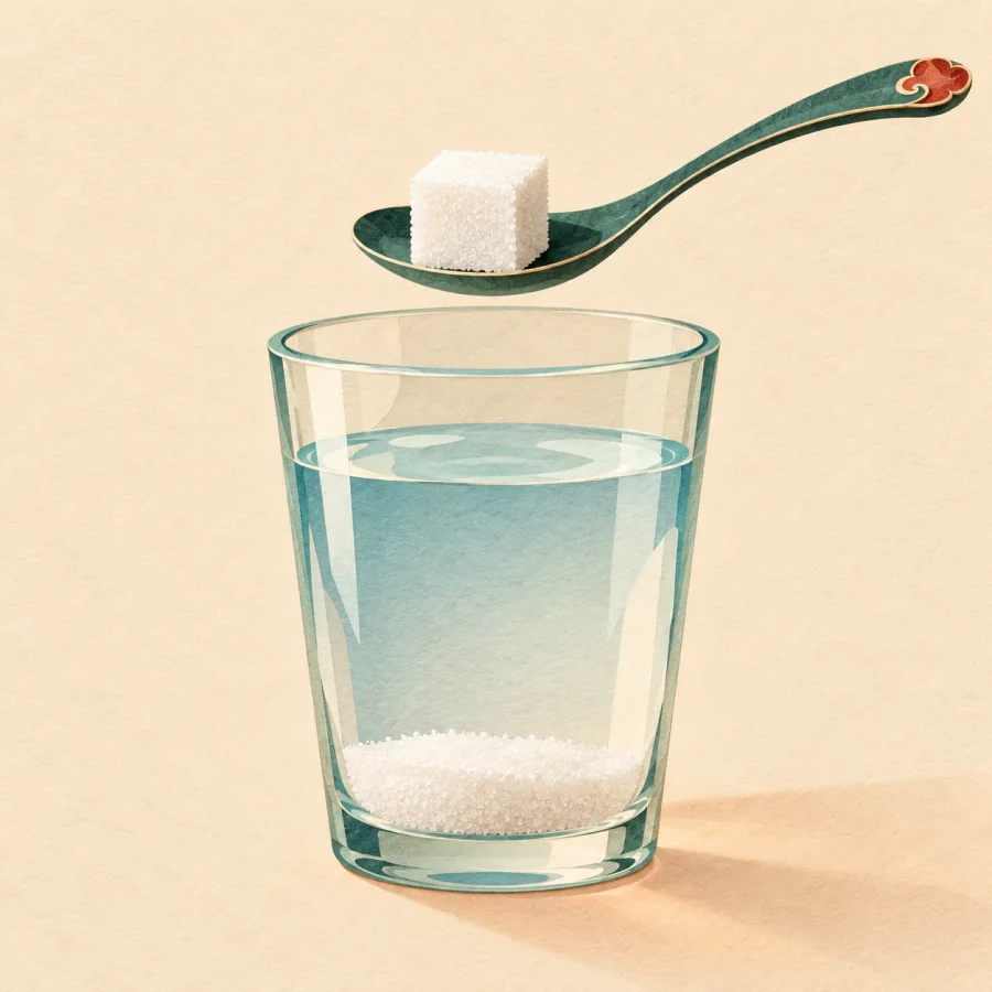 A glass of water with undissolved sugar at the bottom