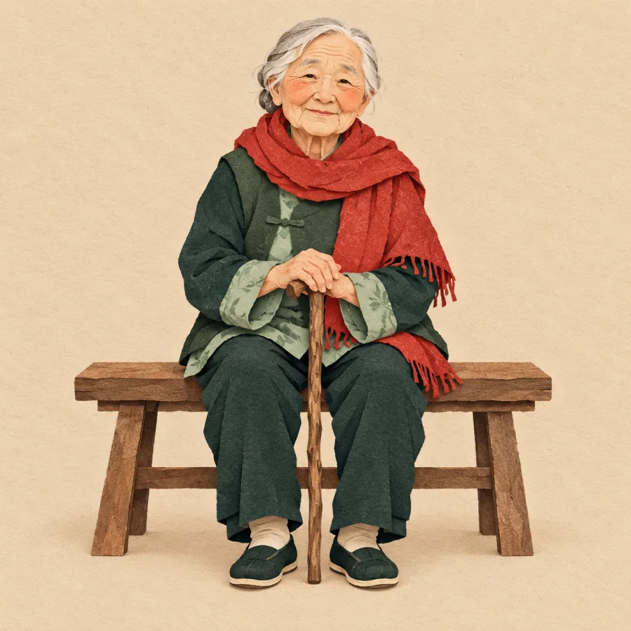 An elderly person with a lined face sits on a bench