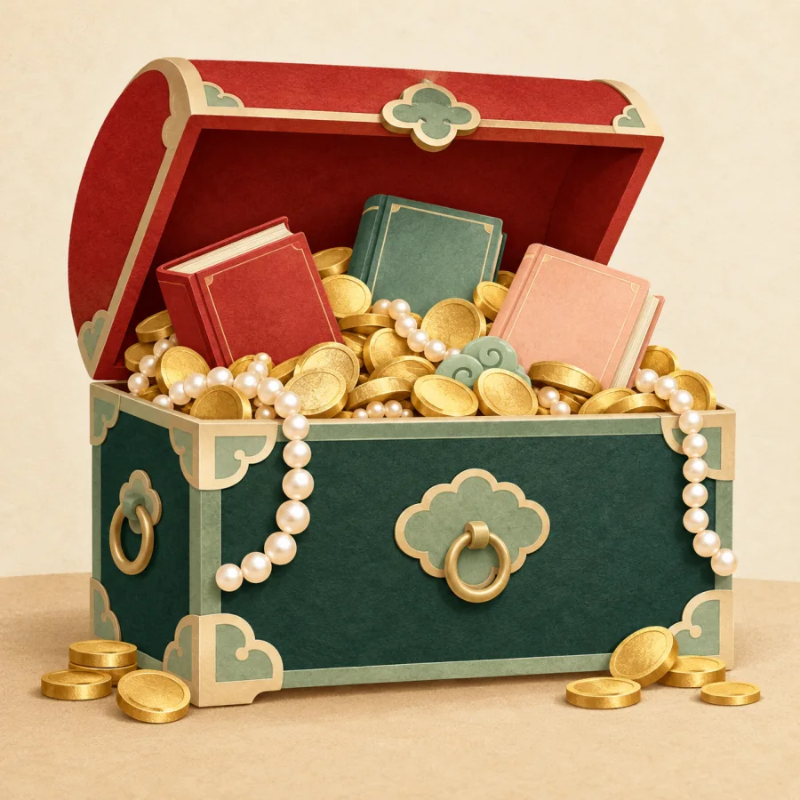 An open chest full of coins, pearls and books