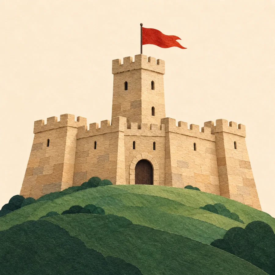 A stone fortress with a tower on a hill