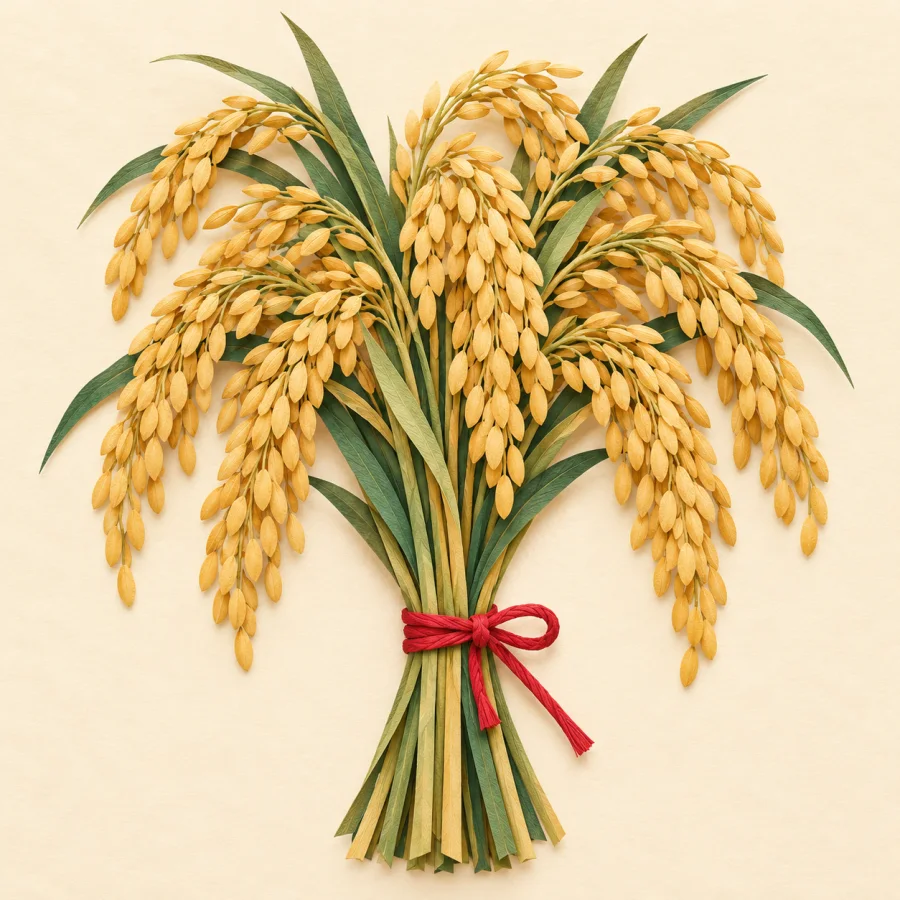 A bundle of plump rice ears tied with red string