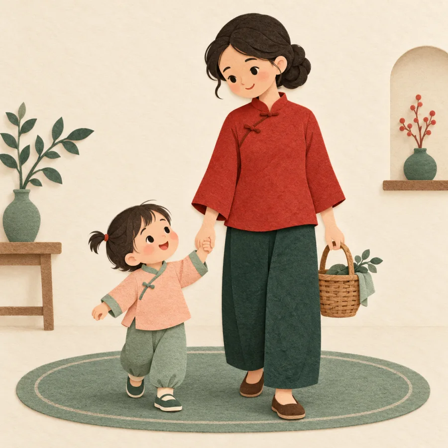 A nanny holds a toddler's hand and carries a basket