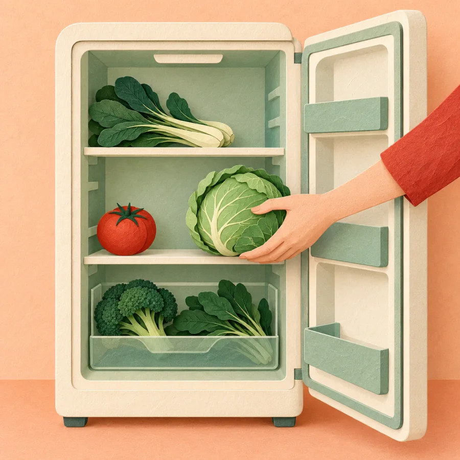 A fridge with fresh vegetables and a red tomato