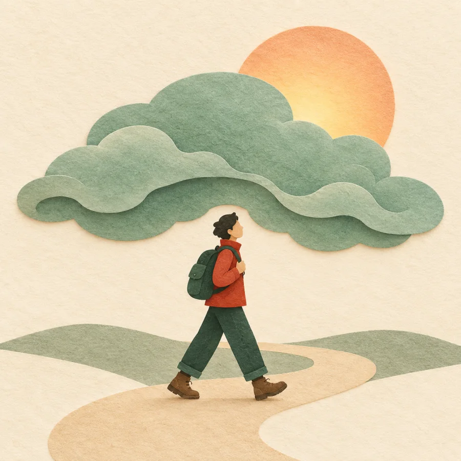 A traveller walks sheltered by a big green cloud