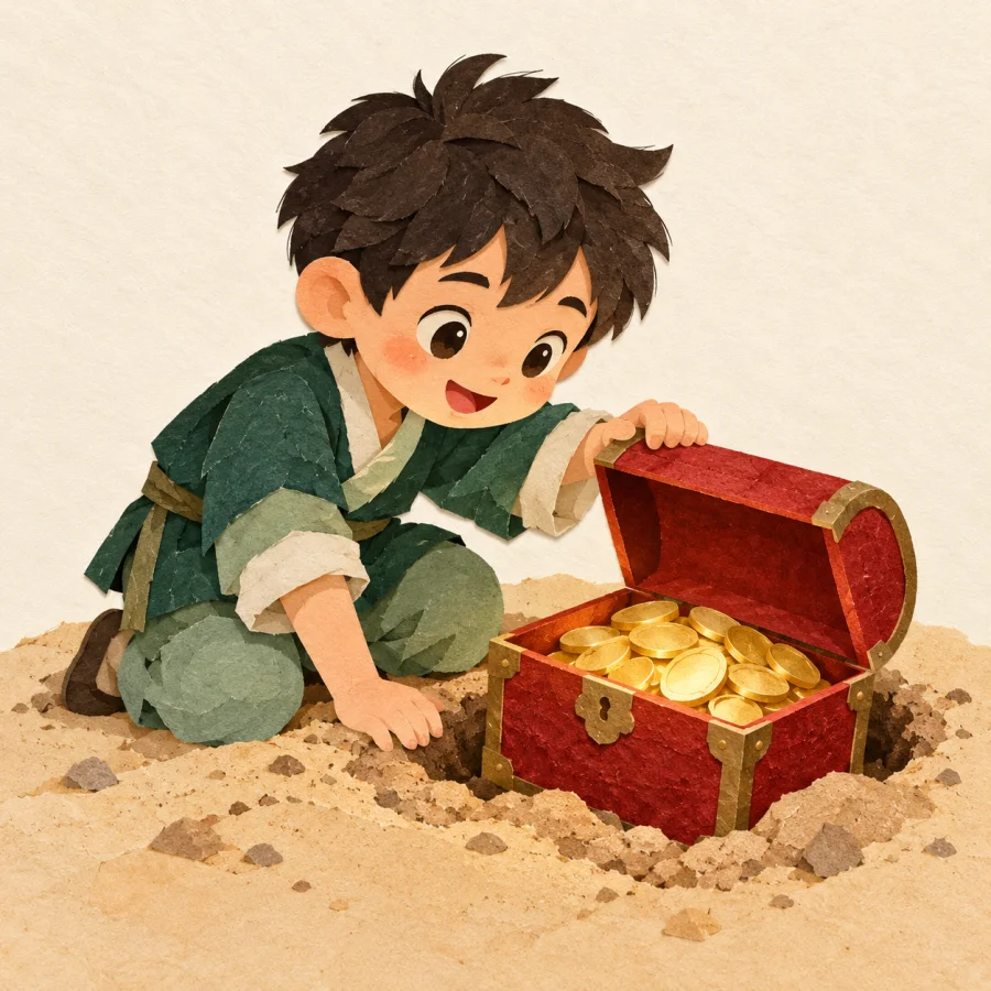 A child opens a small chest dug up in the sand
