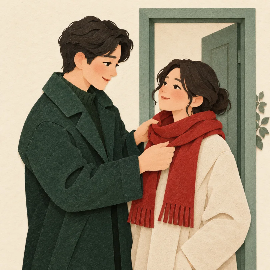 A person wraps a scarf around another's neck at a door