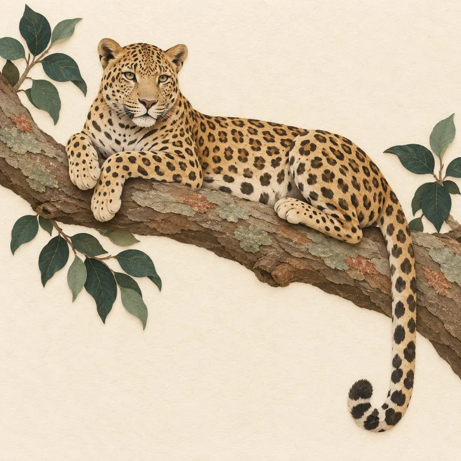 A spotted leopard rests on a tree branch