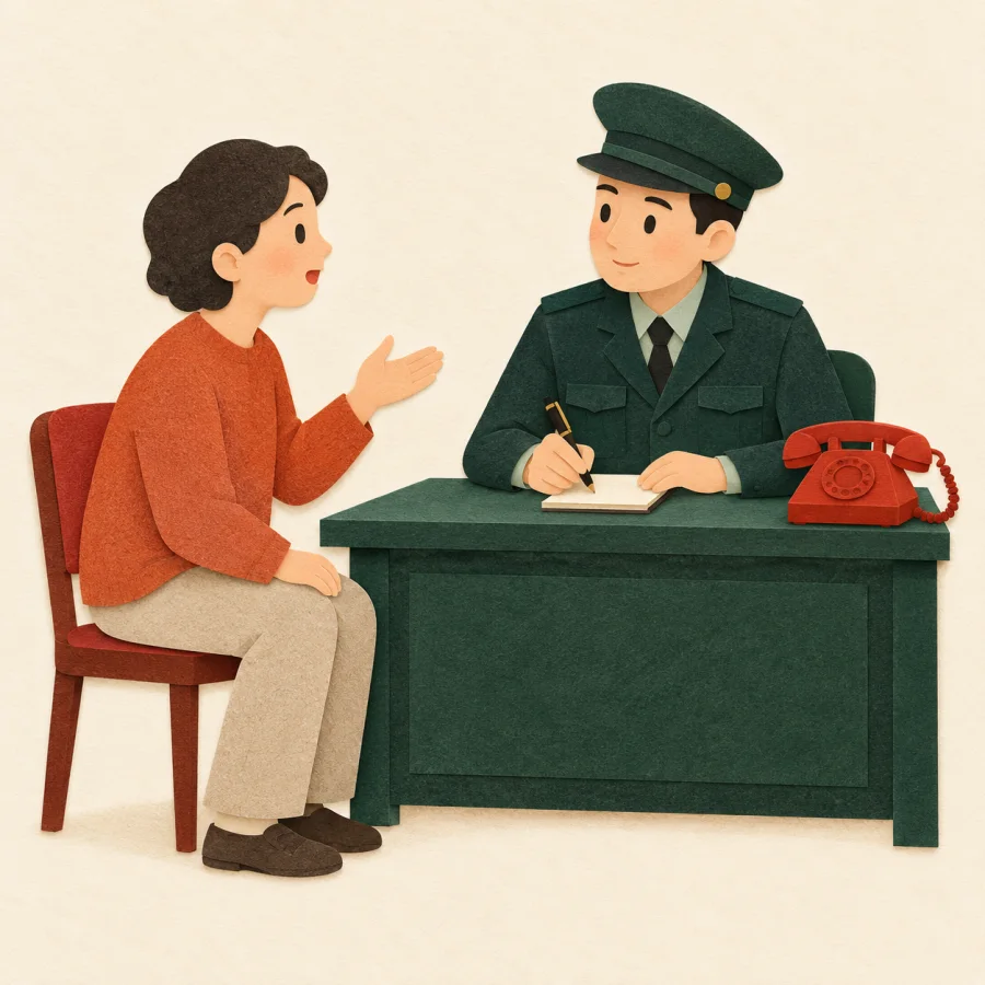 A person talks to an officer at a desk