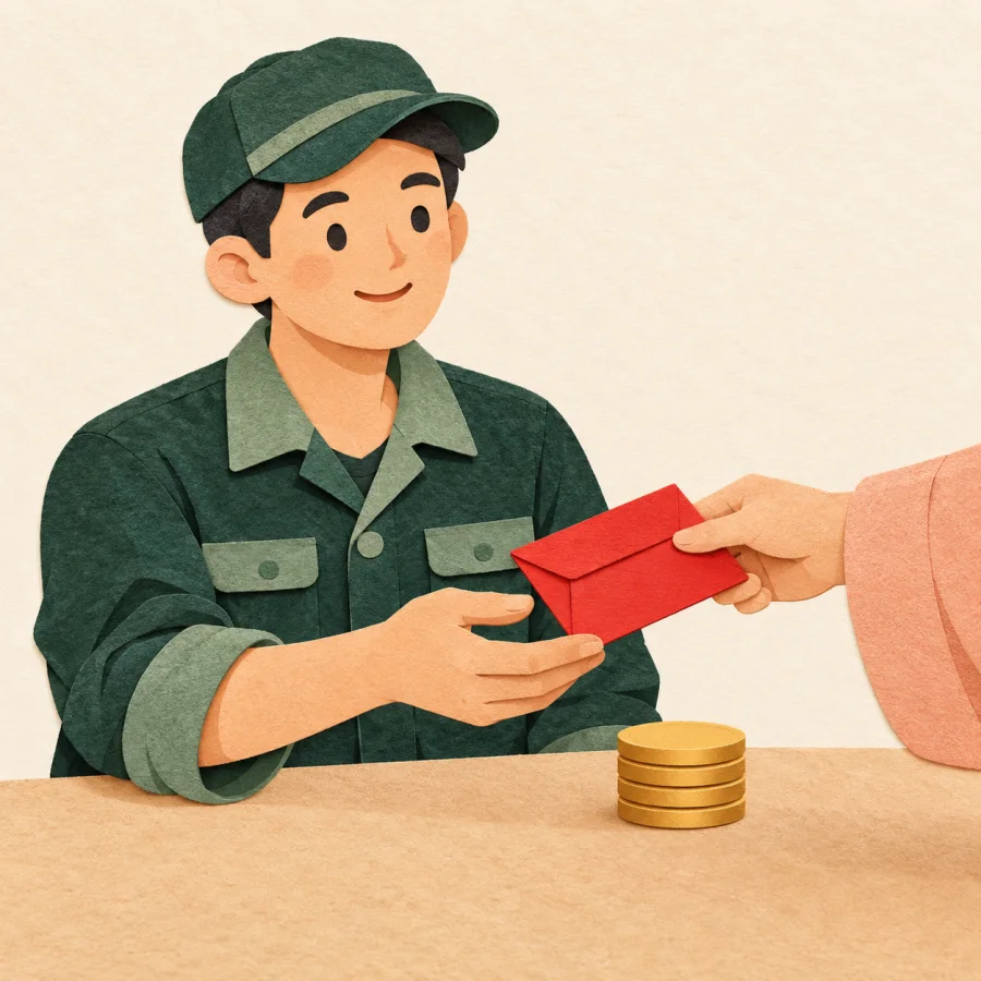 A person receives a red envelope and coins