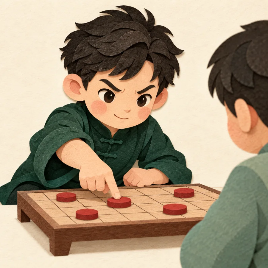 A child at a chessboard demands a rematch