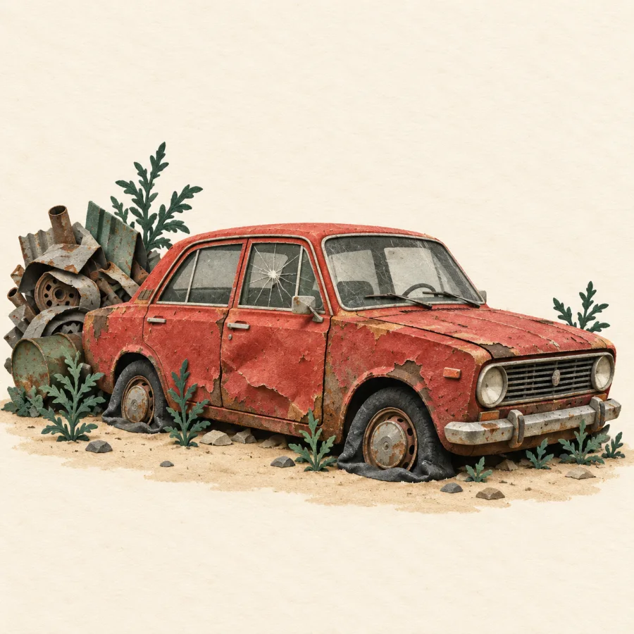 An old car with flat tires beside a heap of scrap