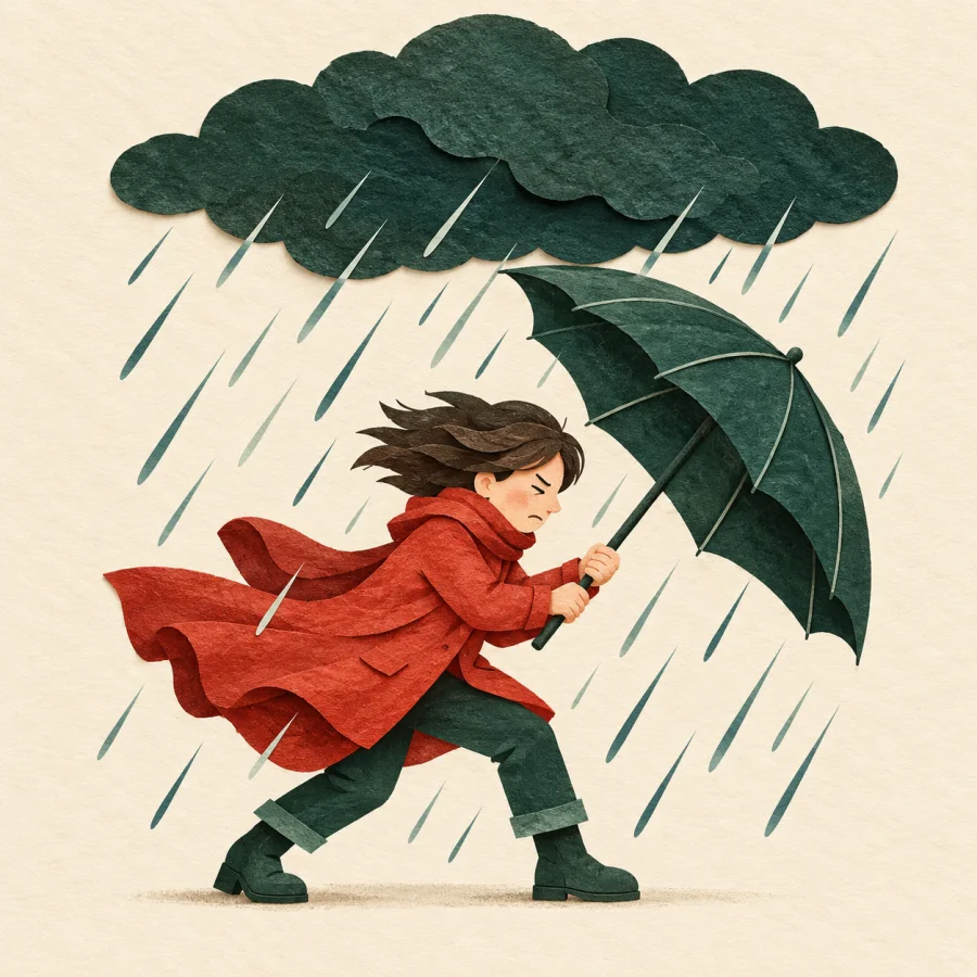 A person with an umbrella walks into strong wind and rain