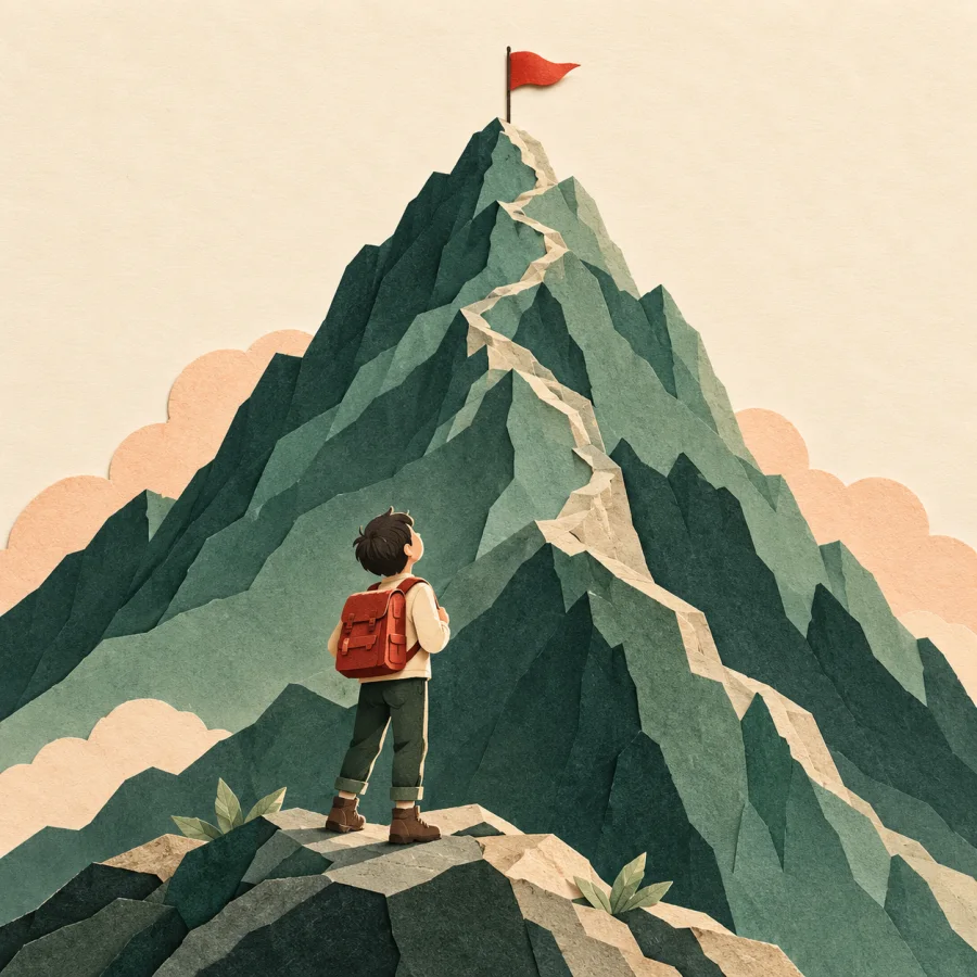 A young person looks up at a mountain peak with a flag