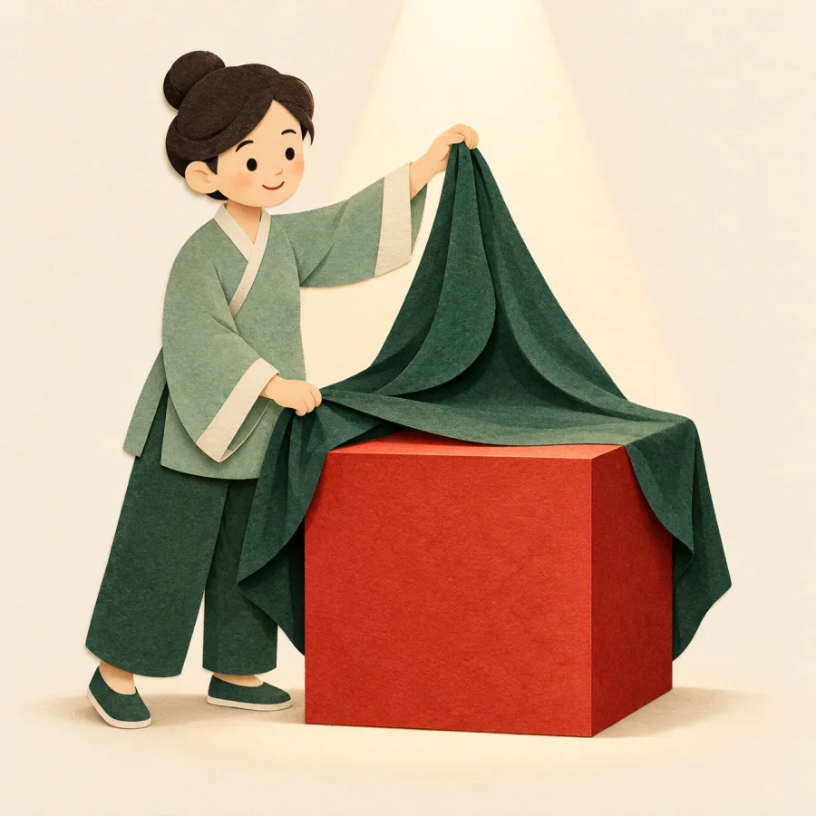 A person pulls a cloth off a hidden box under a spotlight