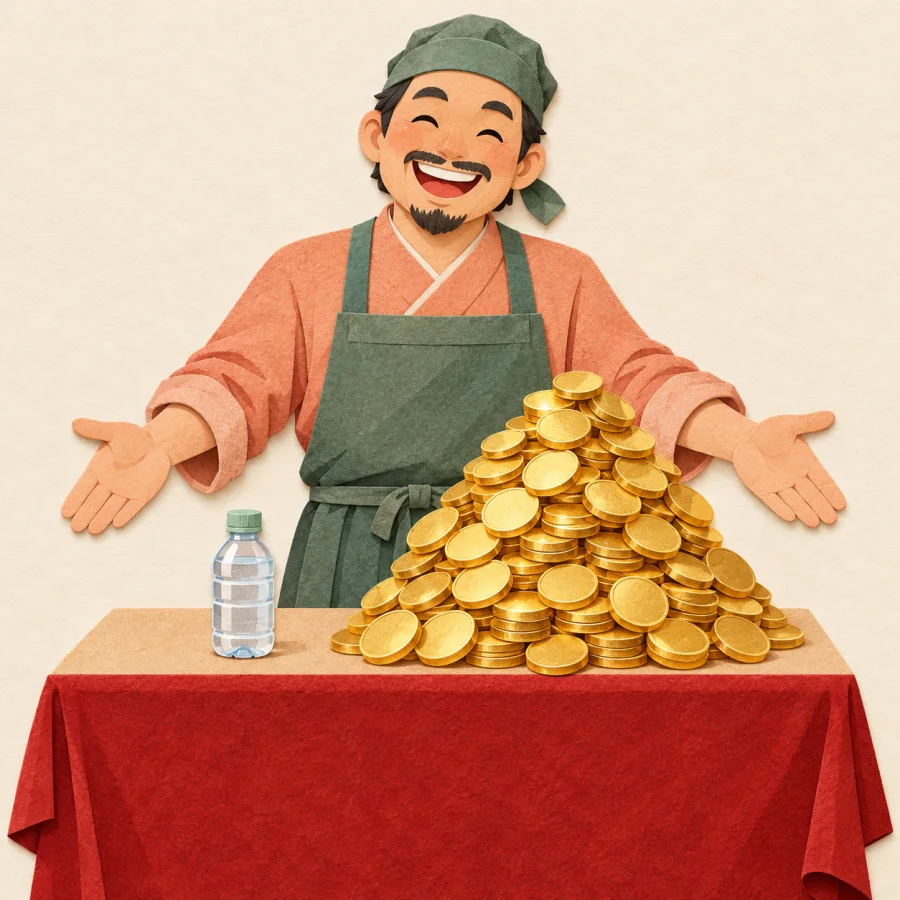 A vendor with a heap of coins and one small bottle