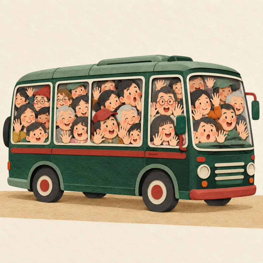 A bus so full that faces press against the windows