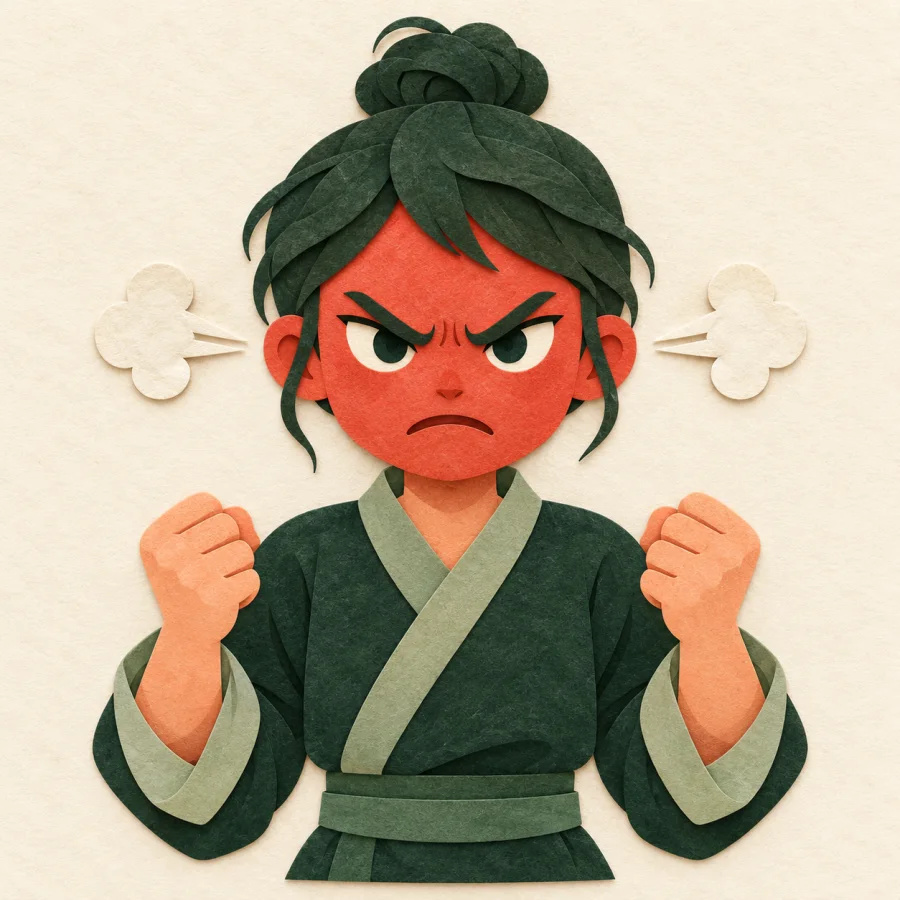 A person with a red face and steam over their head