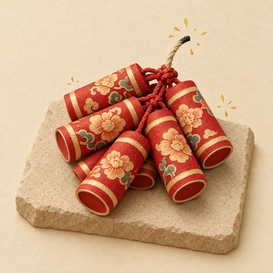 A bundle of red firecrackers with a short fuse