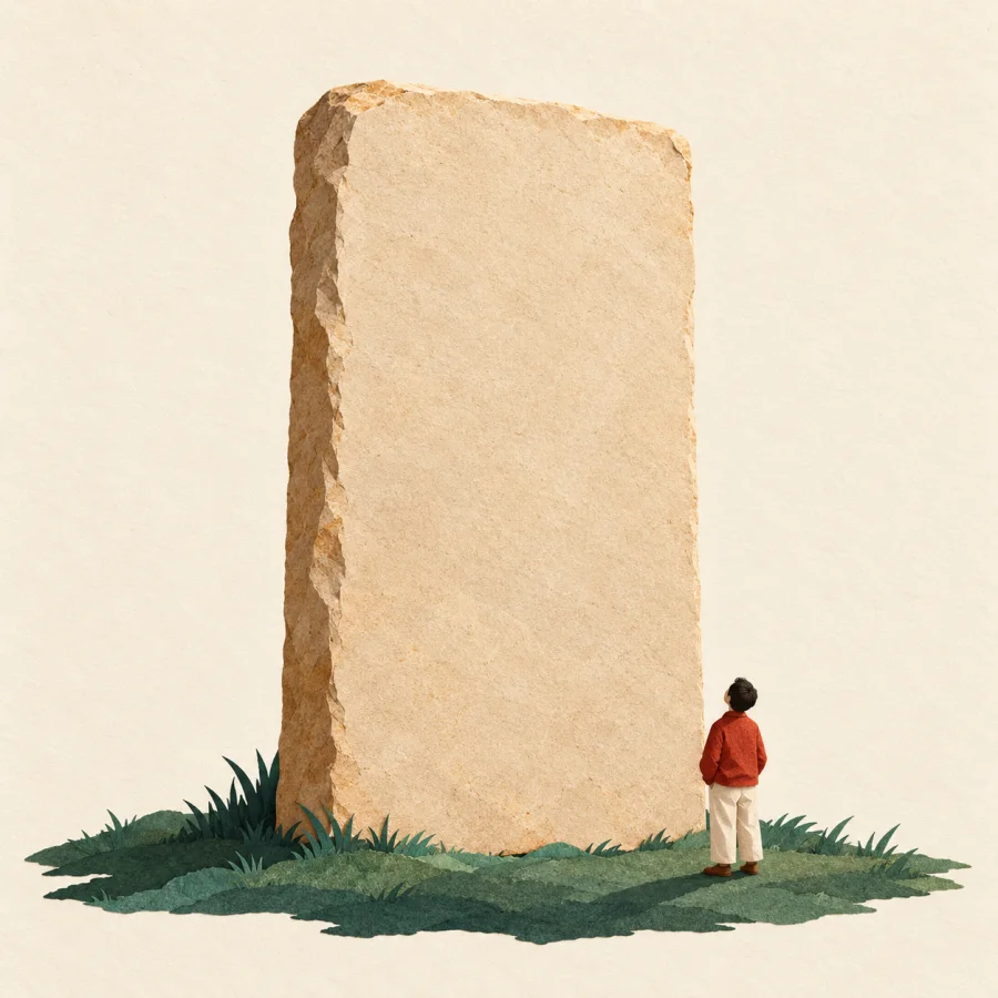 A tall stone tablet standing on green grass