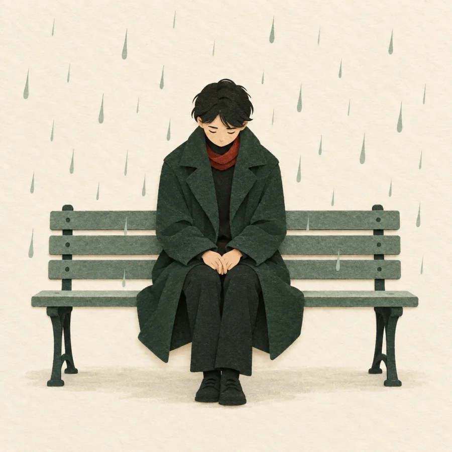 A person sits alone on a bench in the rain