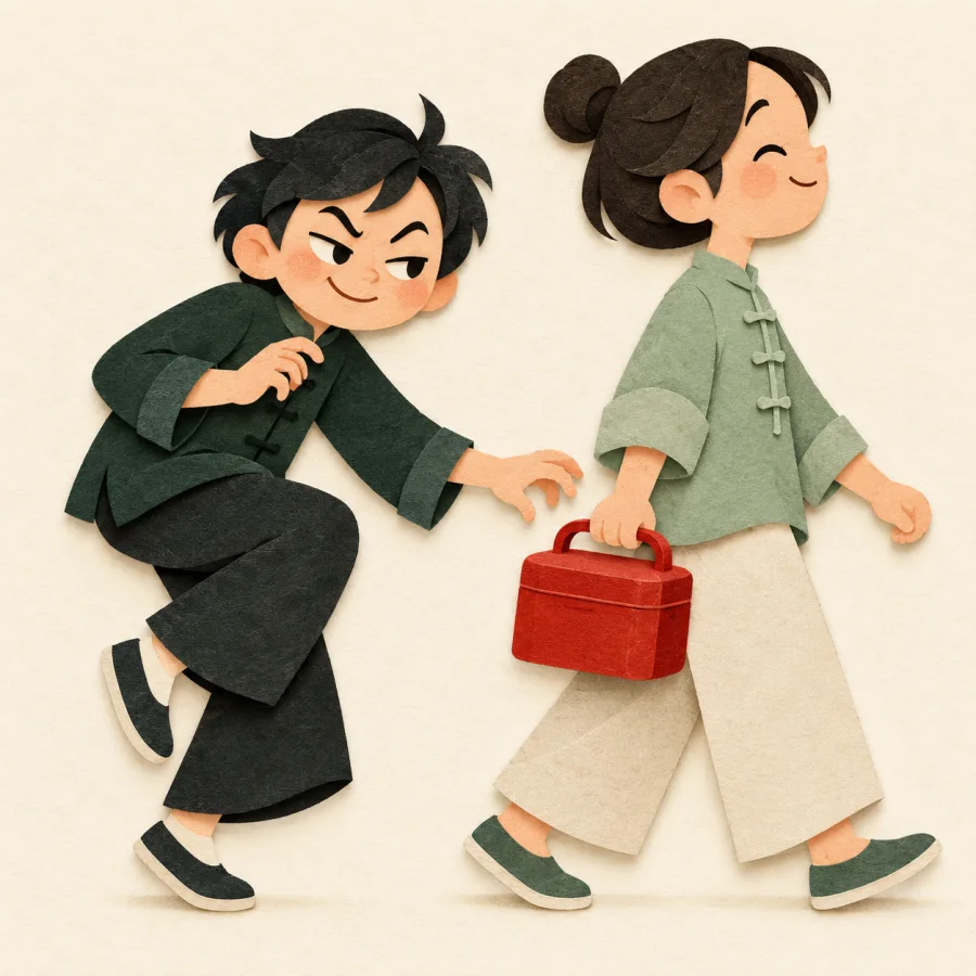 A sly person sneaks up behind a friend's lunch box