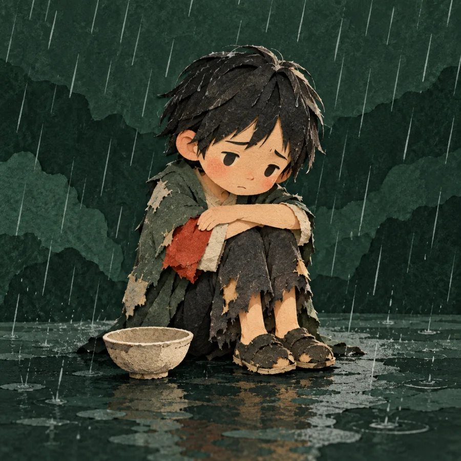A thin child in ragged clothes sits in the rain