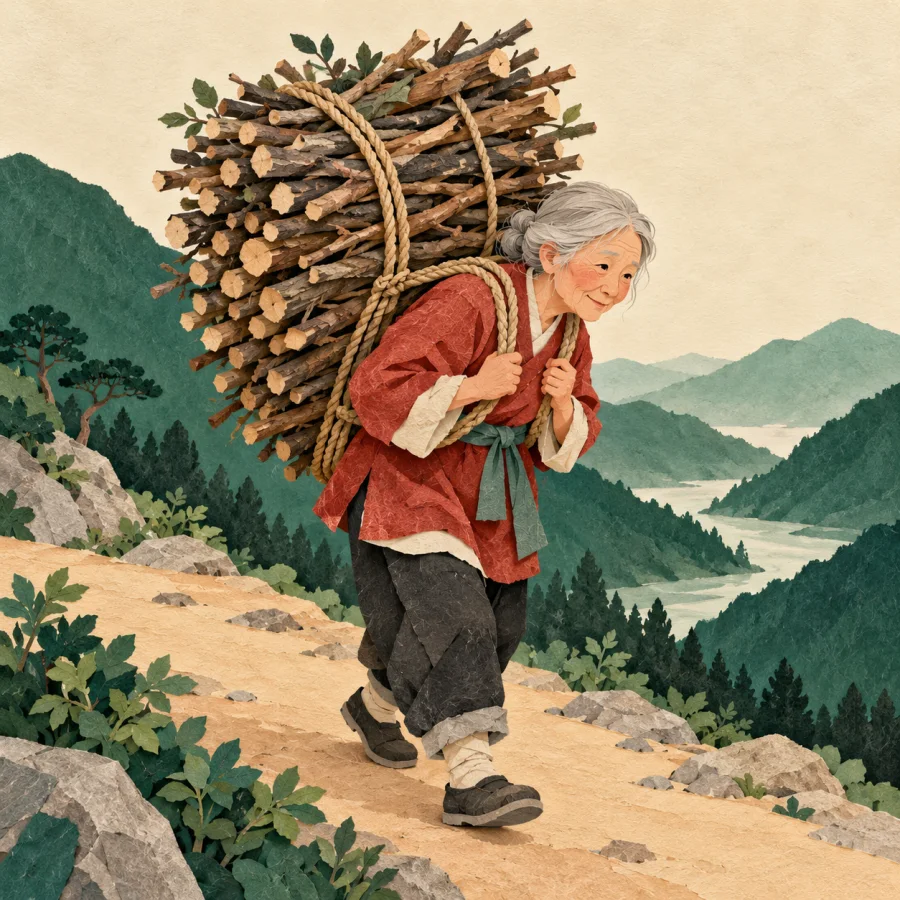 An elderly person carries a large bundle of firewood