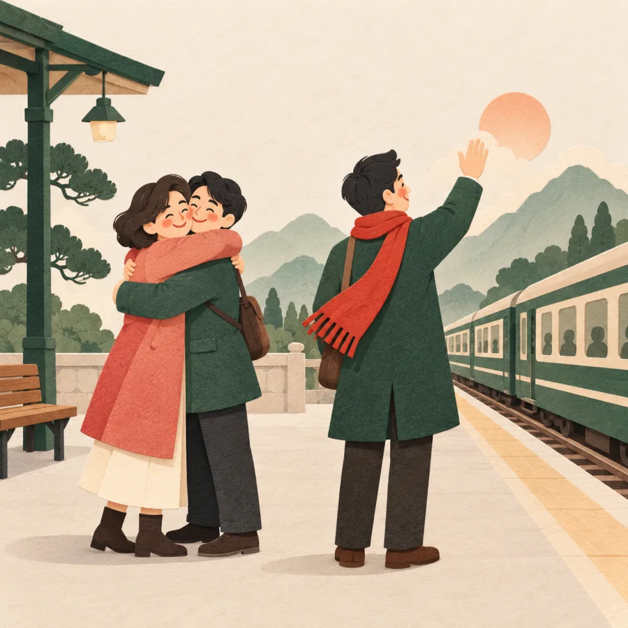 Two people hug joyfully while another waves goodbye to a train