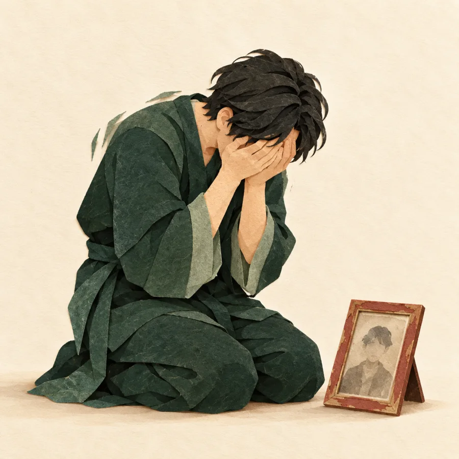 A person covers their face, shoulders shaking
