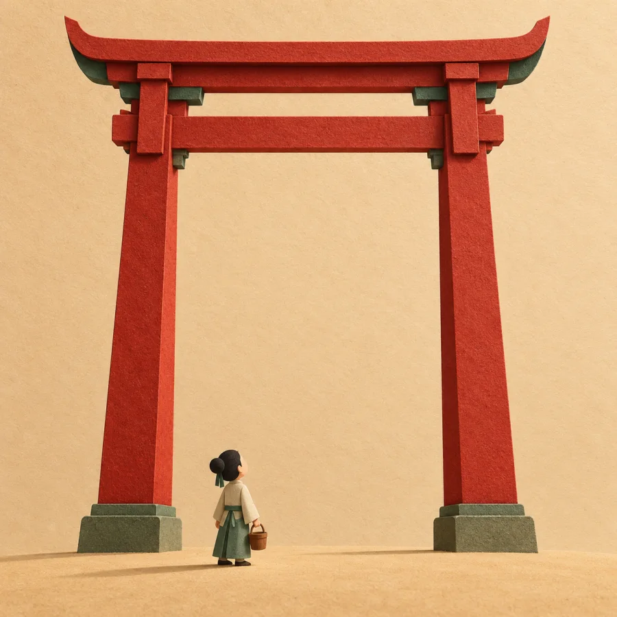A tiny figure with a bucket at the foot of a huge gate