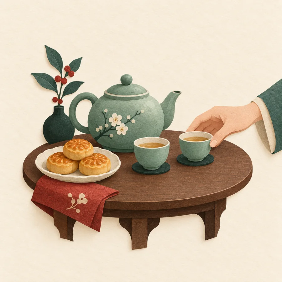 A set table with a teapot, cups and pastries