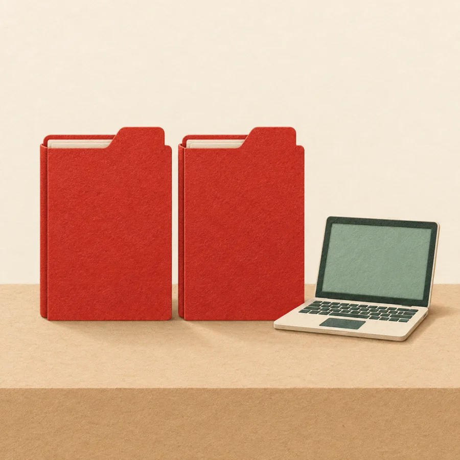 Two identical red folders beside a laptop