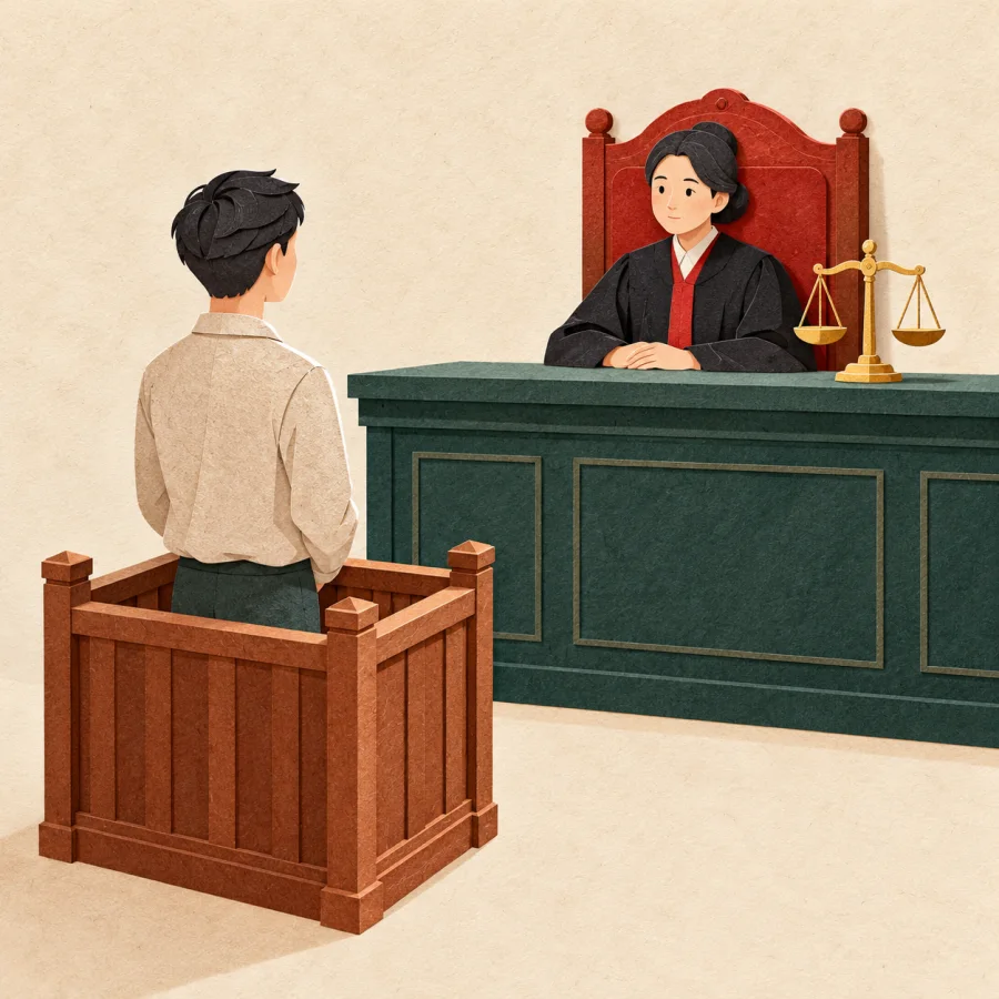 A person stands before a judge at a high desk