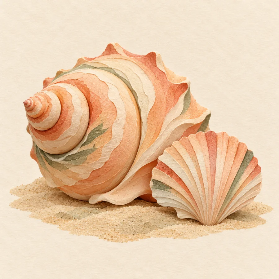 A spiral shell and a scallop shell on sand