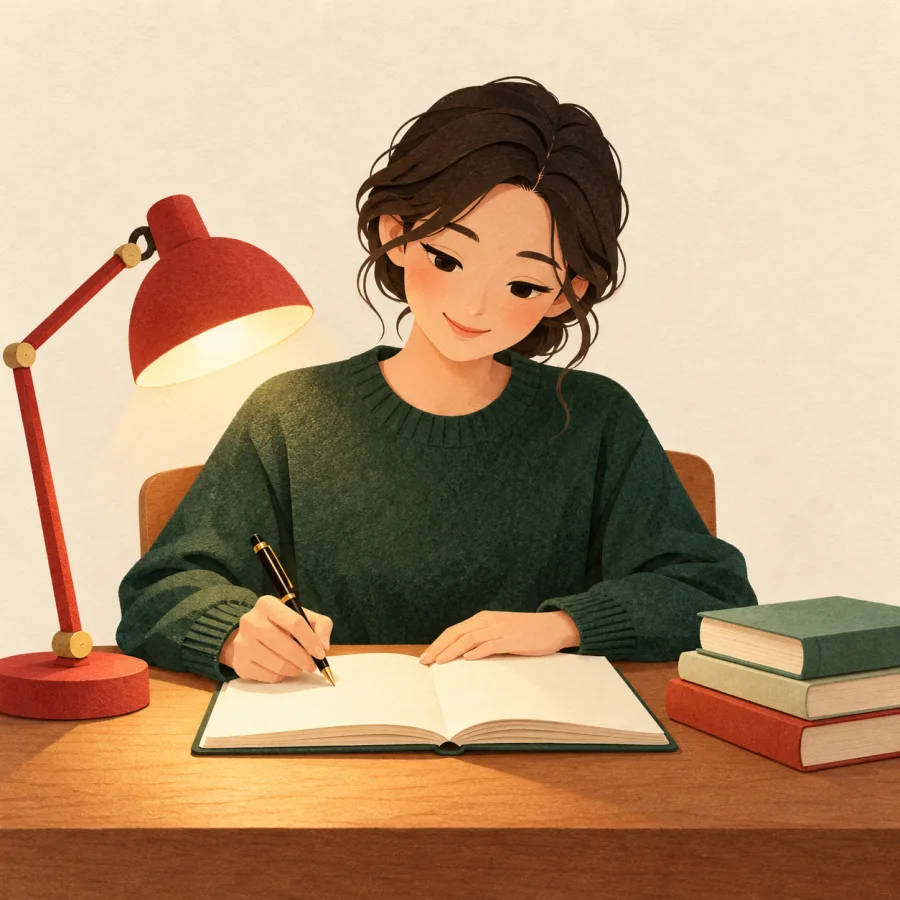 A teacher at a desk with a lamp, books and a notebook