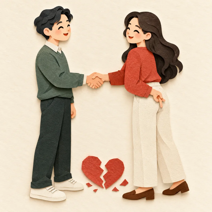 A person shakes hands with crossed fingers behind their back
