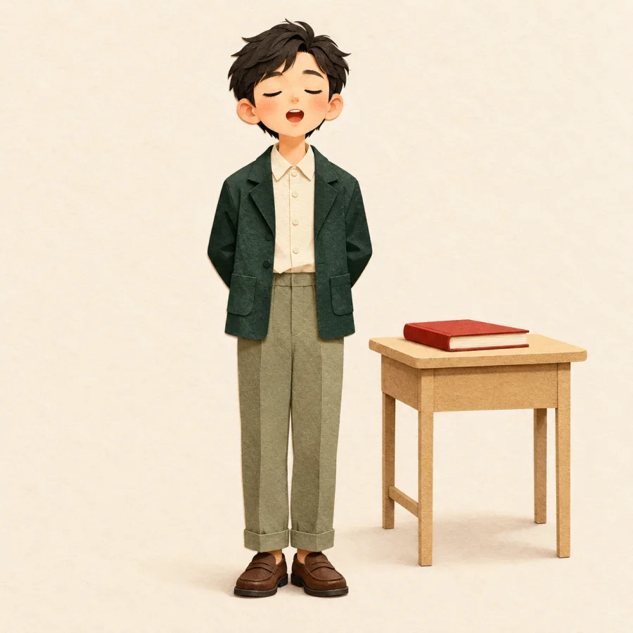 A student with closed eyes and a closed book on the desk
